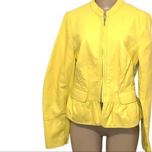 INC Peplum Ruffled Faux Leather Pocketed Cropped Bold Yellow Zip Up Jacket